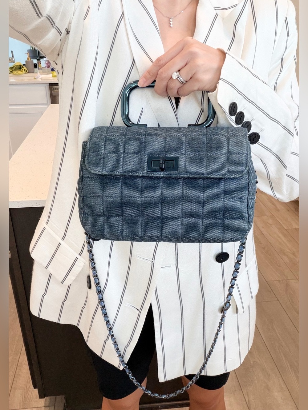 Auth CHANEL Mini Chocolate Bar 2.55 Blue Denim Quilted Top Handle Bag